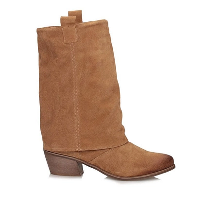 Modne Skórzane Kowbojki Botki EXQUISITE 1553 welur koniak