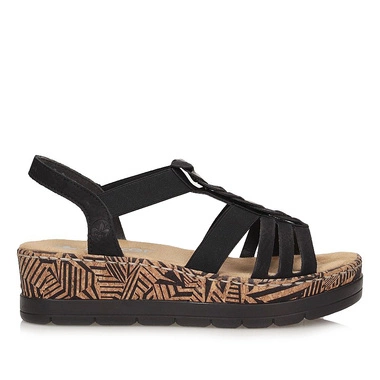 Modne czarne sandały damskie na platformie Rieker V3902-00