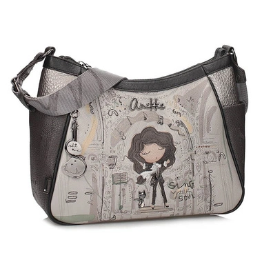 Torebka damska Anekke 43803-002 BOLSO HANDBAG BANDOLERA SINTETICO ORCHESTRA szara listonoszka jednokomorowa zapinana na zamek z logowanym paskiem