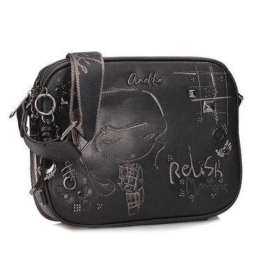 Torebka damska Anekke 43753-188 BOLSO HANDBAG BANDOLERA SINTETICO TULIP czarna listonoszka trzykomorowa zapinana na zamek z logowanym paskiem