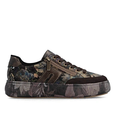 Sneakersy damskie Rieker M7711-26 brązowe na platformie sznurowane z motywem kwiatowym