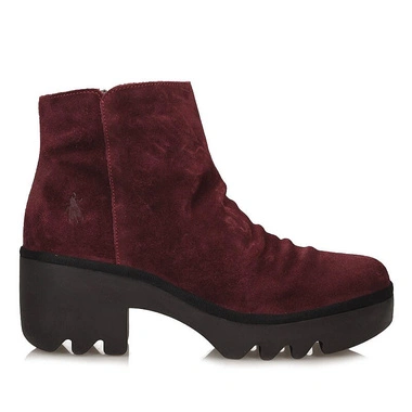Botki damskie Fly London TULP592FLY OIL SUEDE WINE P501592009 bordowe zamszowe zapinane na zamek na obcasie na platformie