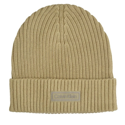 Bawełniana czapka damska Calvin Klein LV04D8053GLCI001 PATCH CHUNKY RIB COTTON BEANIE Cedar