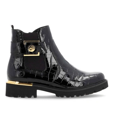 Botki damskie Remonte D8684-03 BLACK czarne lakierowane zapinane na zamek na obcasie