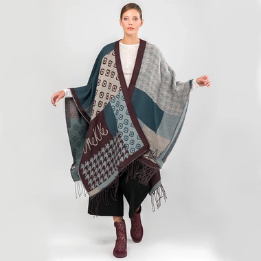 Stylowe ponczo z frędzlami Anekke PONCHO FLECOS AZUL 41284-031
