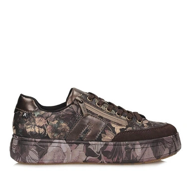 Sneakersy damskie Rieker M7711-26 brązowe na platformie sznurowane z motywem kwiatowym