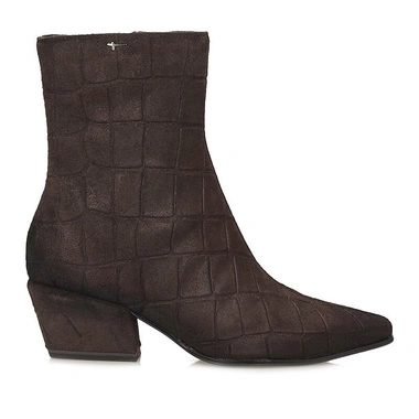 Botki damskie Tamaris 1-25356-47 38Z CIGAR STRUCT brązowe zamszowe zapinane na zamek na obcasie z motywem zwierzęcym