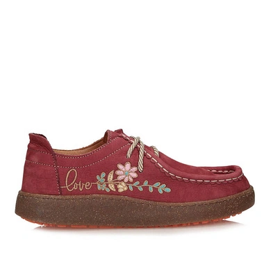 Półbuty damskie Ravini 261001 BORDO NUBUCK HAFT LOV bordowe skórzane barefoot sznurowane na platformie